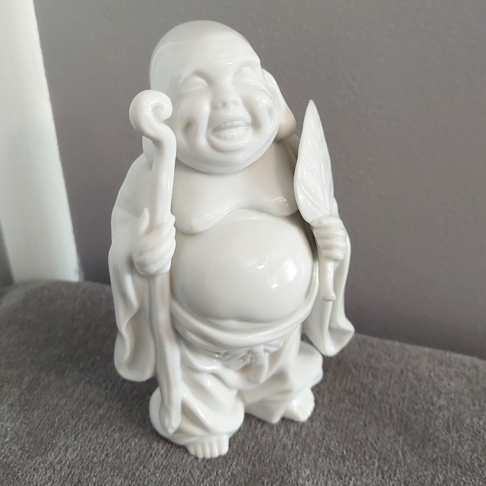 Traveling Buddha Figurine Statue Leaf Staff White Spiritual 6" Ceramic